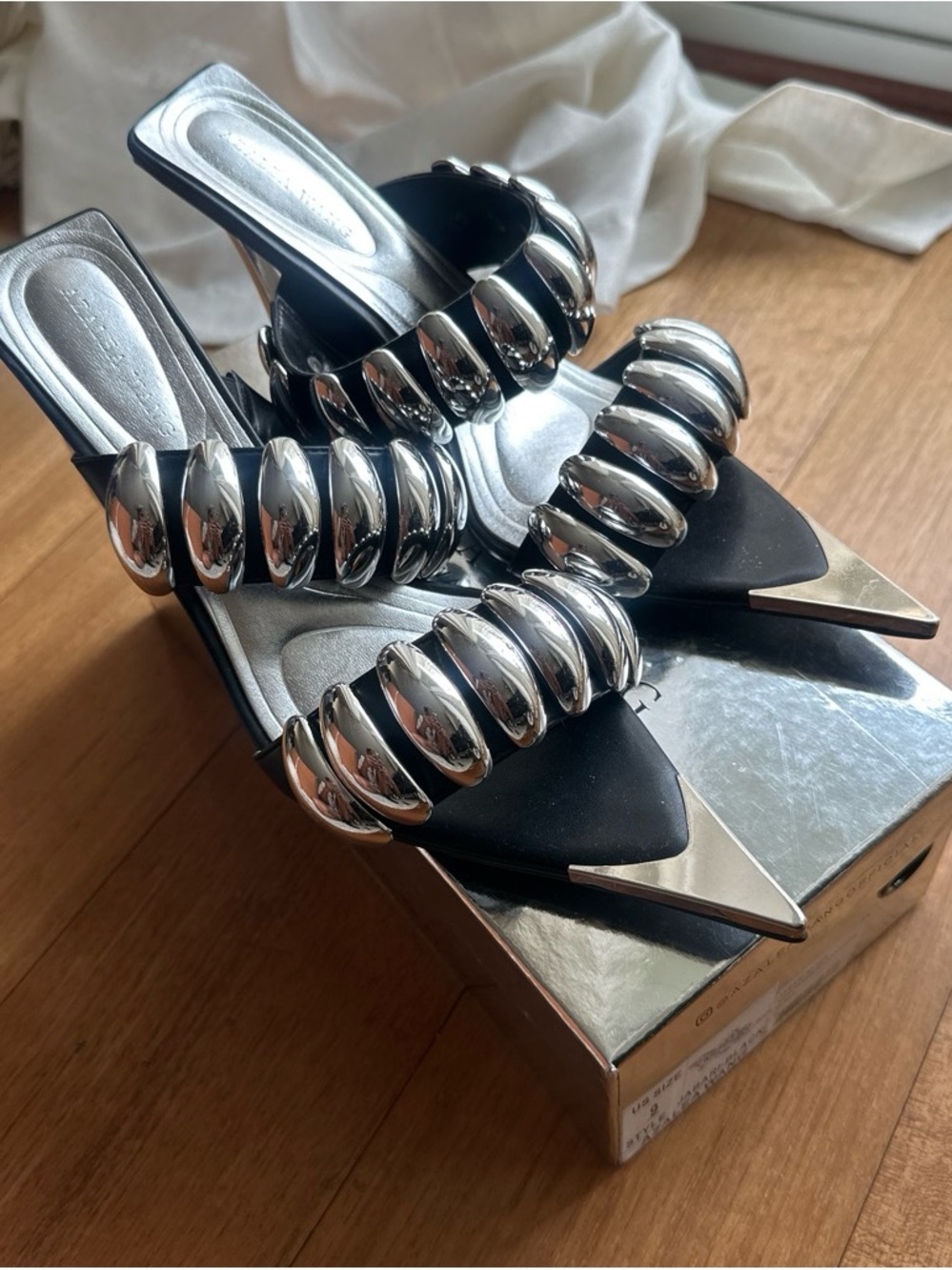 Black Pointed Toe Heeled Mules with Silver Coil Accents